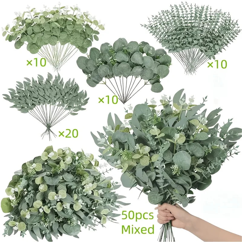 50PCS Artificial Flowers Bouquets Mixed Eucalyptus Leaves Willow Silver Eucalyptus Cuttings
