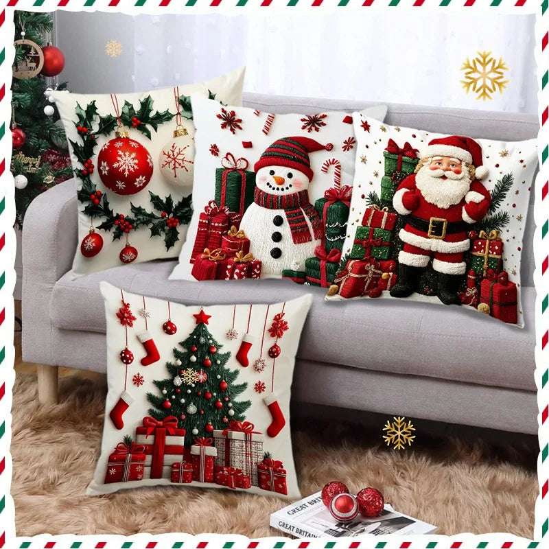 Linen Plush Christmas Print Throw Pillowcase
