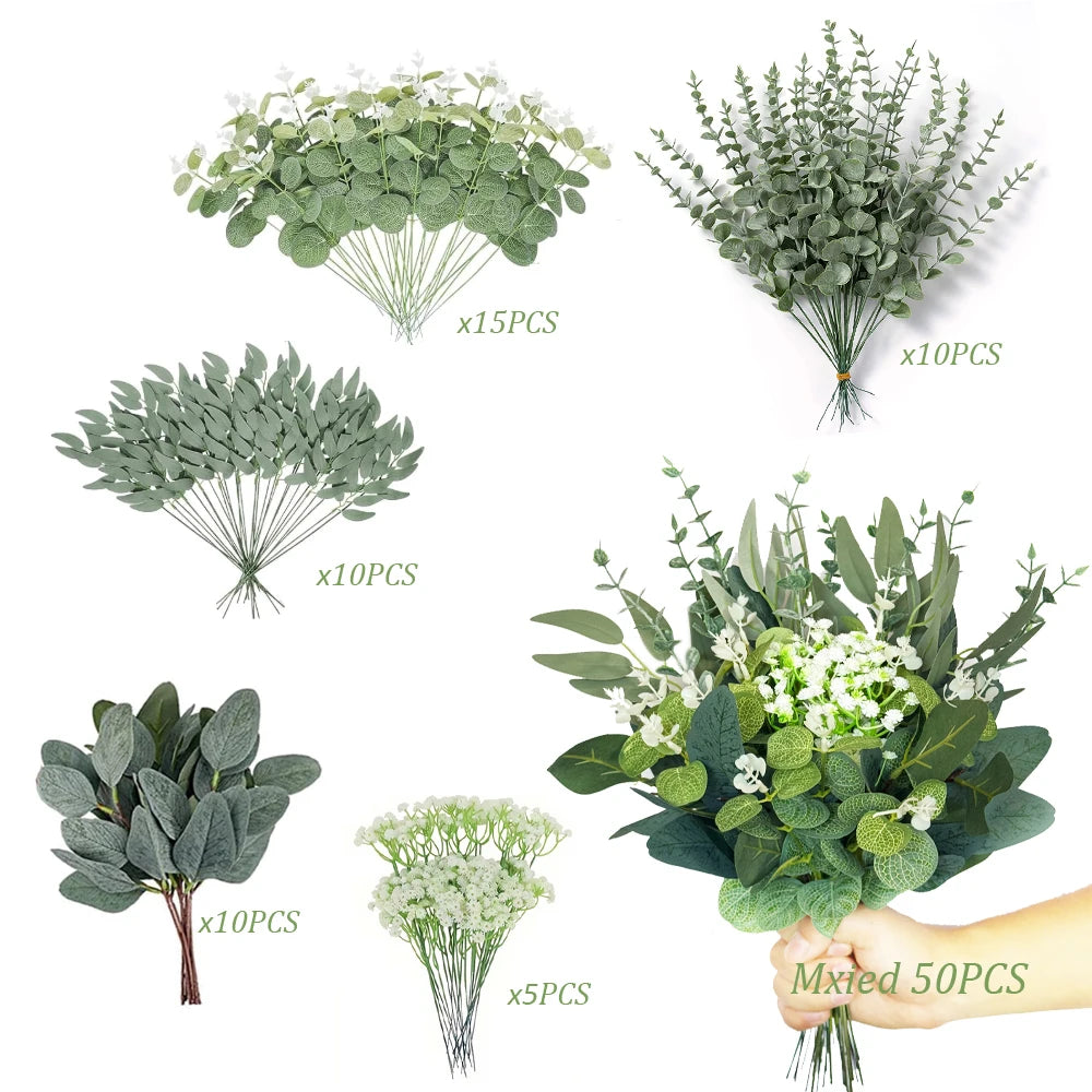 50PCS Artificial Flowers Bouquets Mixed Eucalyptus Leaves Willow Silver Eucalyptus Cuttings