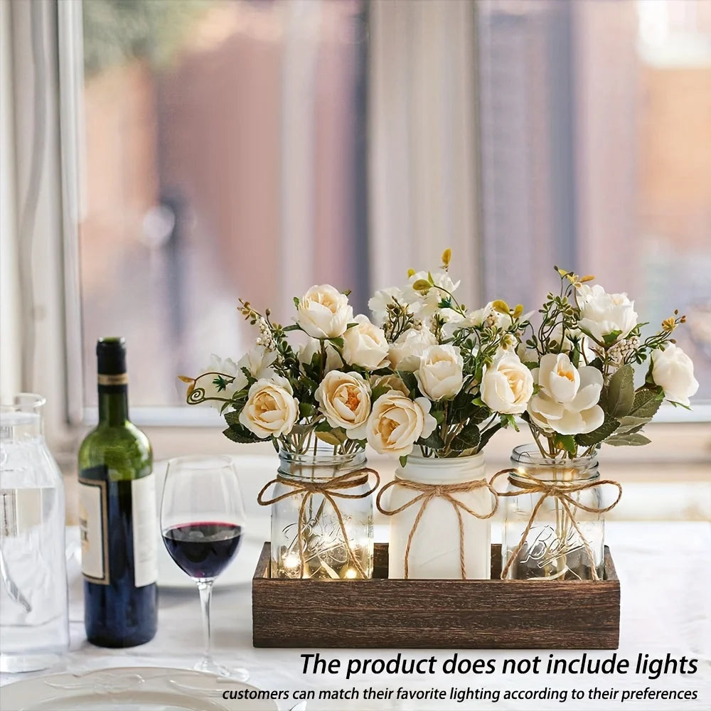 3Pcs Mason Jar  Table Decorations with Wood Tray and 3 artificial roses,