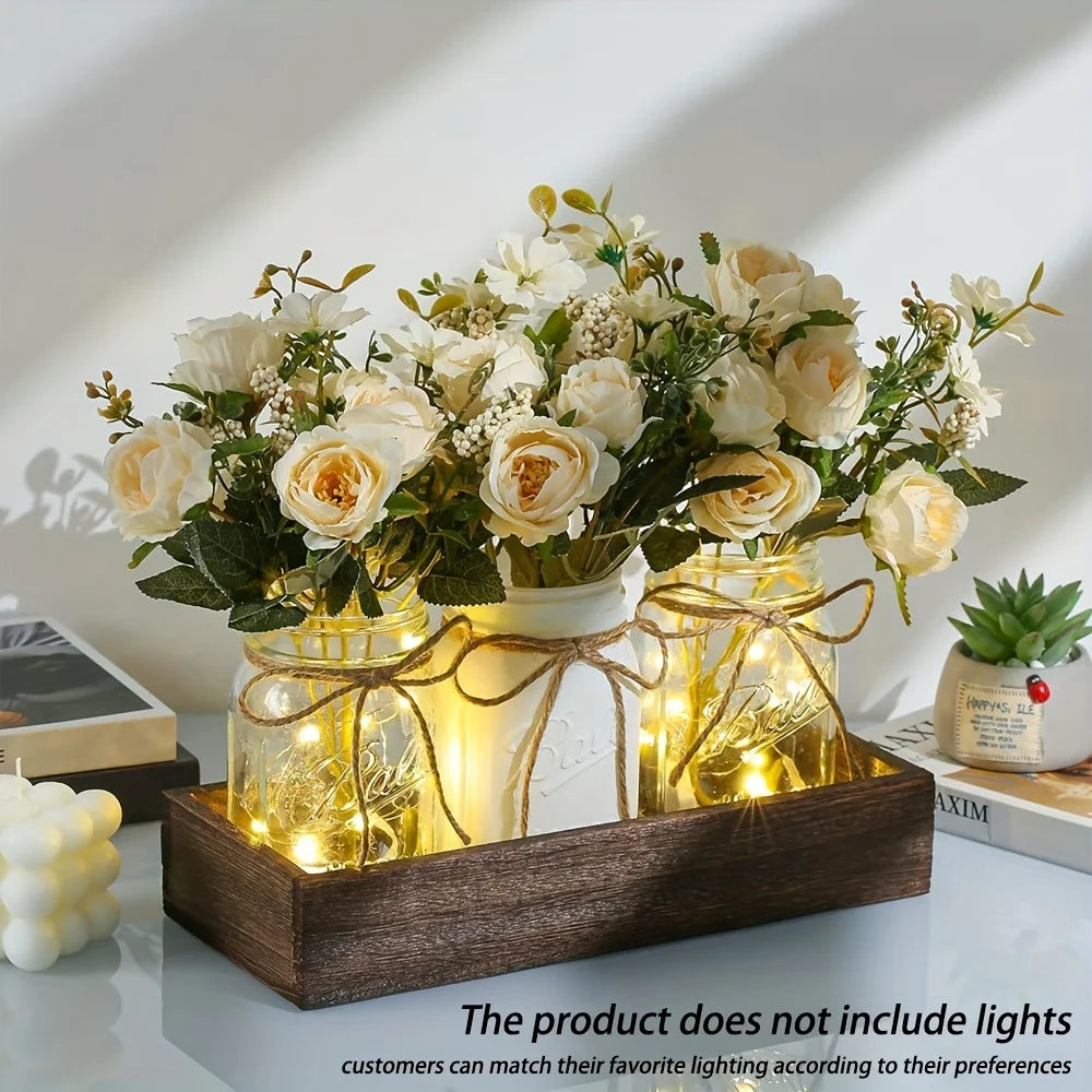 3Pcs Mason Jar  Table Decorations with Wood Tray and 3 artificial roses,