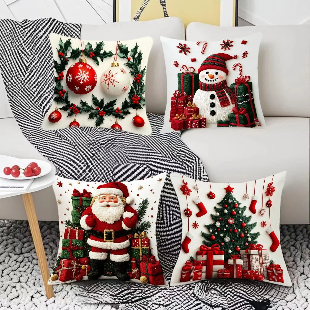 Linen Plush Christmas Print Throw Pillowcase