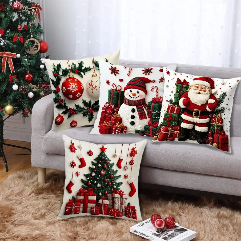 Linen Plush Christmas Print Throw Pillowcase