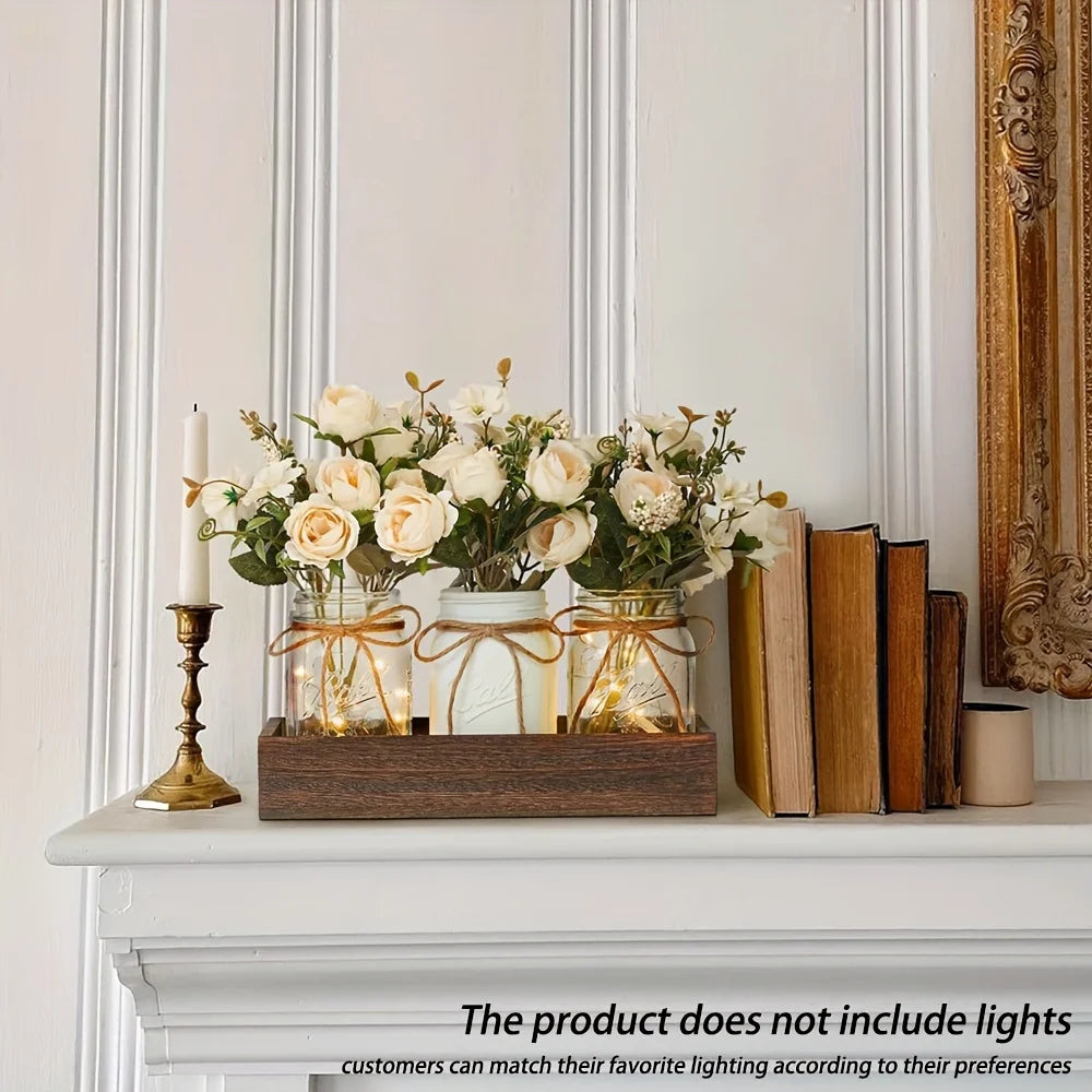 3Pcs Mason Jar  Table Decorations with Wood Tray and 3 artificial roses,
