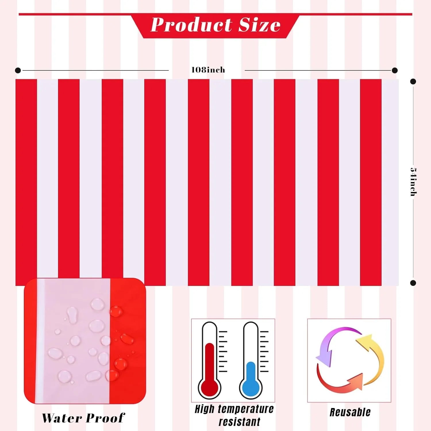 3 Packs Red and White Horizontal Striped Tablecloth
