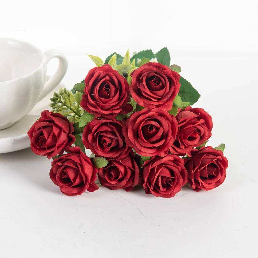 Artificial Flower Ten Head Silk Rose Bundle
