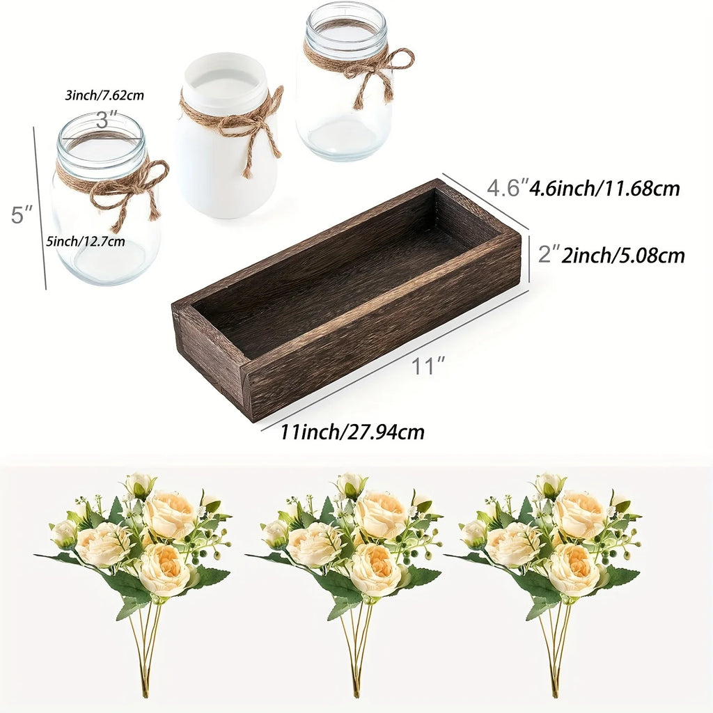 3Pcs Mason Jar  Table Decorations with Wood Tray and 3 artificial roses,