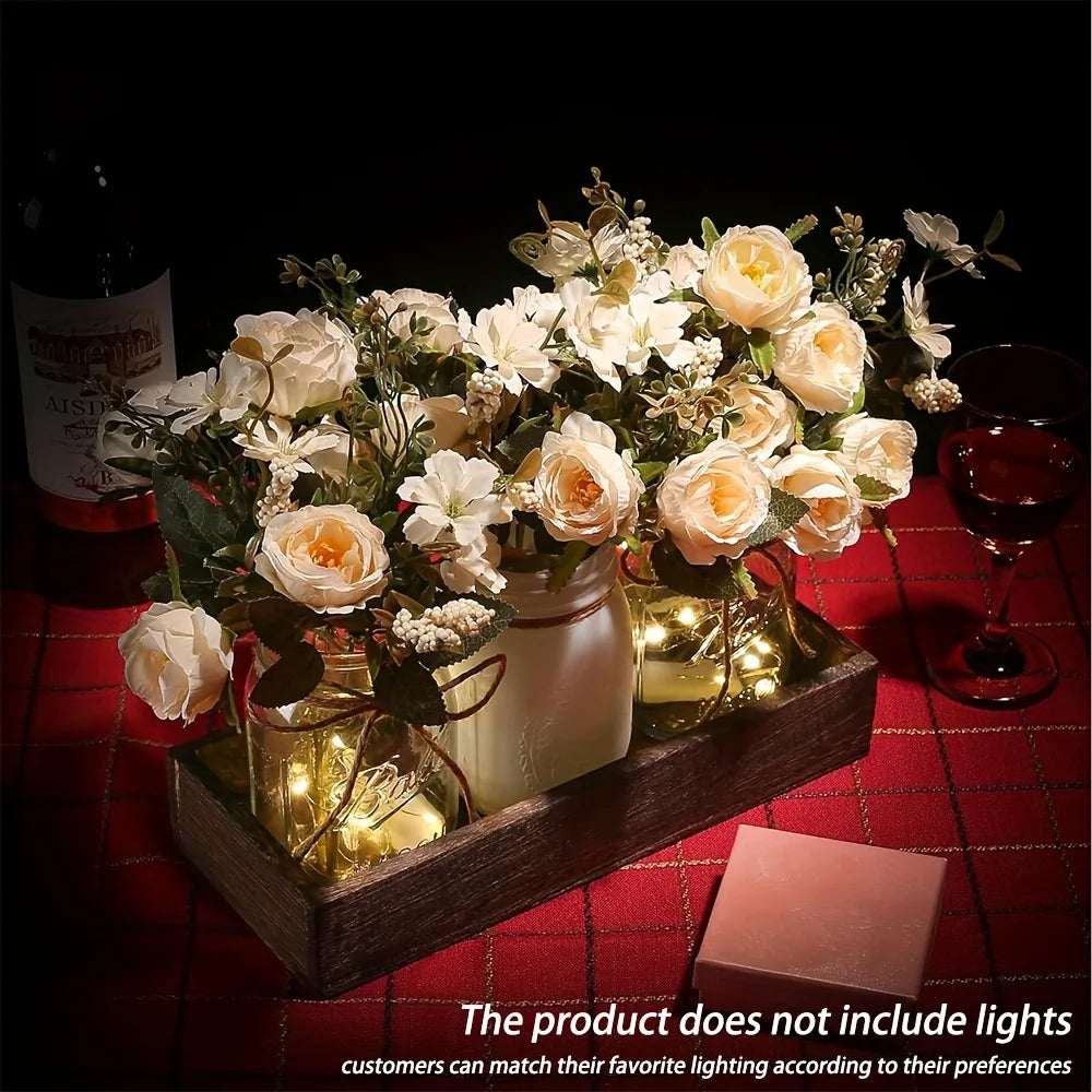3Pcs Mason Jar  Table Decorations with Wood Tray and 3 artificial roses,